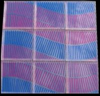Nine pink and blue wave-pattered silver MF10 mirror mosaics photographed in bright sunlight.